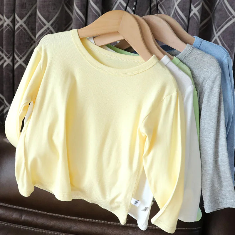 Baby Backing Shirt Super Soft Boys and Girls' White Long Sleeve T-Shirt Summer Air Conditioned Shirt Versatile Solid Color