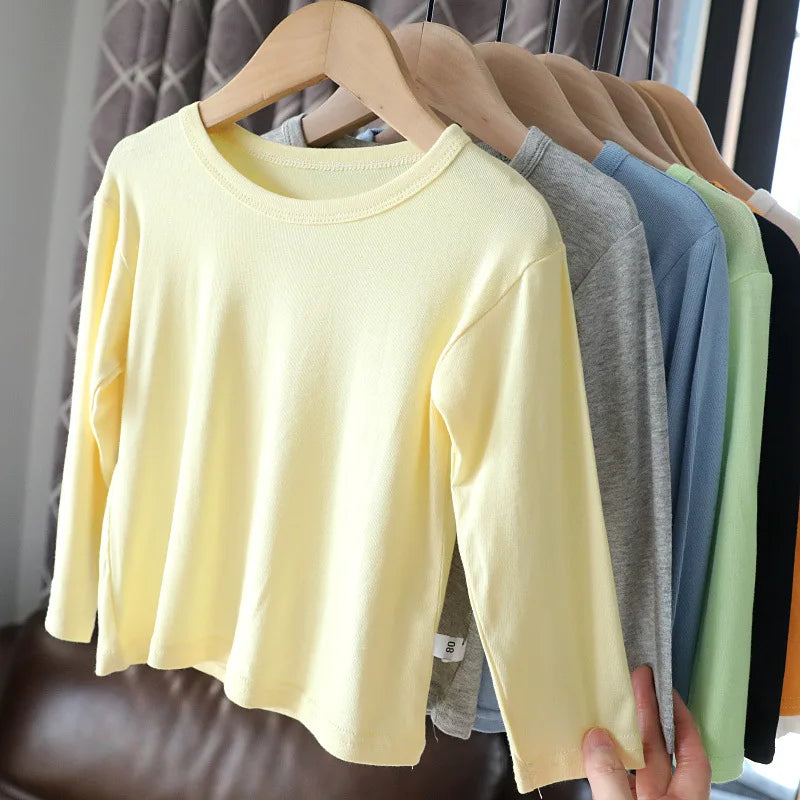 Baby Backing Shirt Super Soft Boys and Girls' White Long Sleeve T-Shirt Summer Air Conditioned Shirt Versatile Solid Color